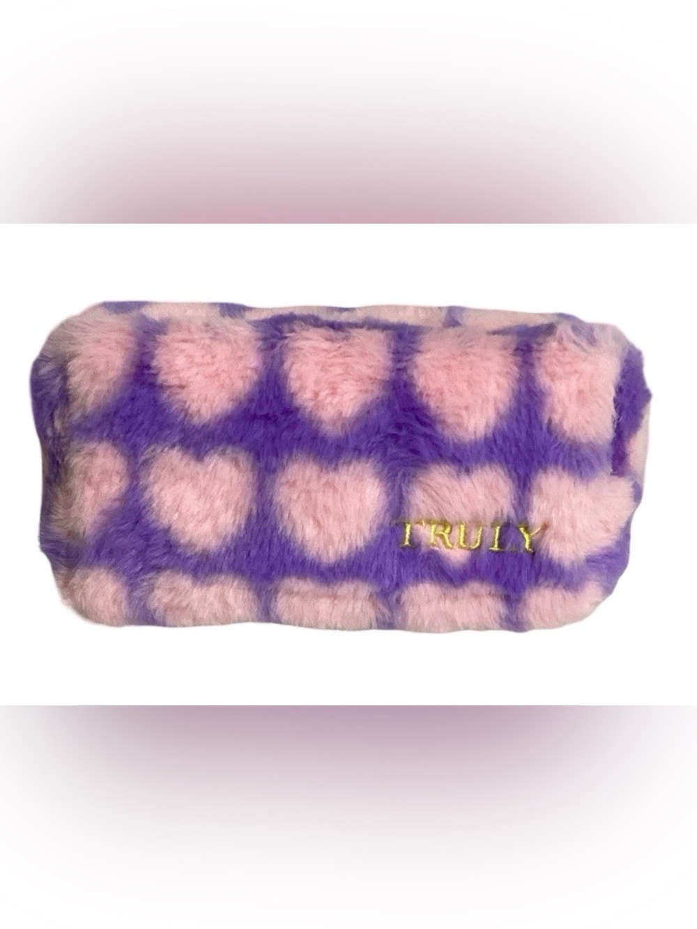 TRULY Pink and Purple Heart Faux Fur Cosmetic bag $50MSRP